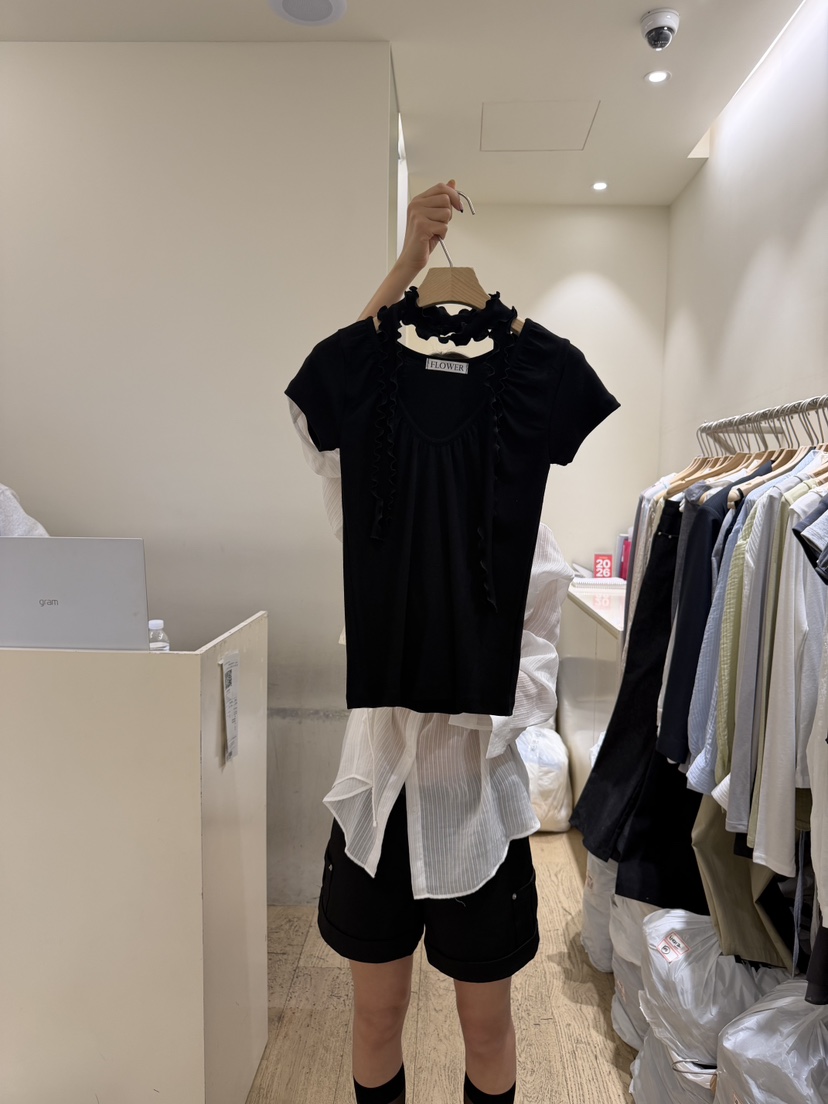 FLOWER-L韓國東大門直郵女士新品時尚職業休閑T恤含脖帶FLOWER-LT恤圖色2黑色