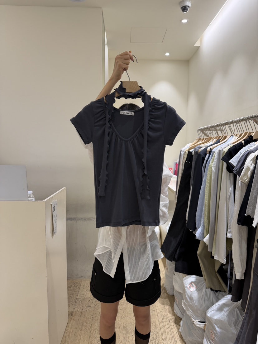 FLOWER-L韓國東大門直郵女士新品時尚職業休閑T恤含脖帶FLOWER-LT恤圖色3墨色