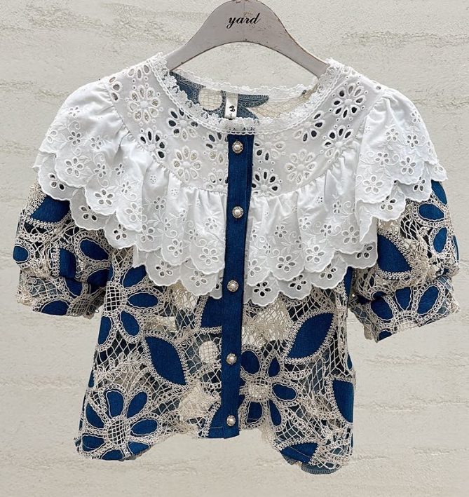 YARD韓國代購女裝新品推薦時尚職業襯衫蕾絲衫褶邊針織刺繡YARD襯衫/蕾絲衫圖色1