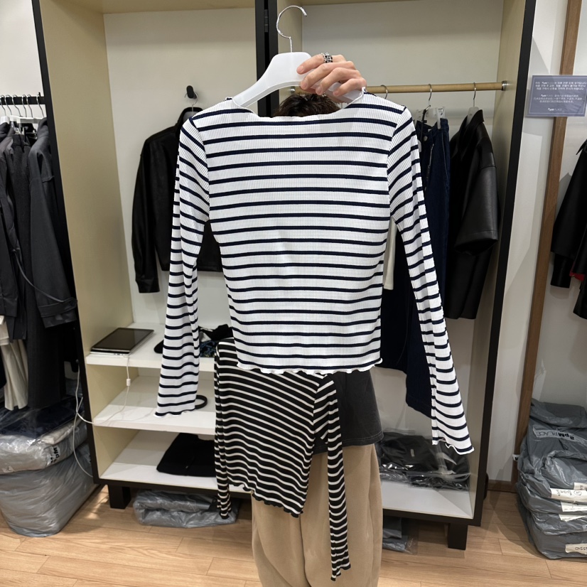 MUYBIEN韓國直郵女士新款熱賣休閑推薦26春夏長袖T恤褶裥條紋MUYBIEN長袖T恤