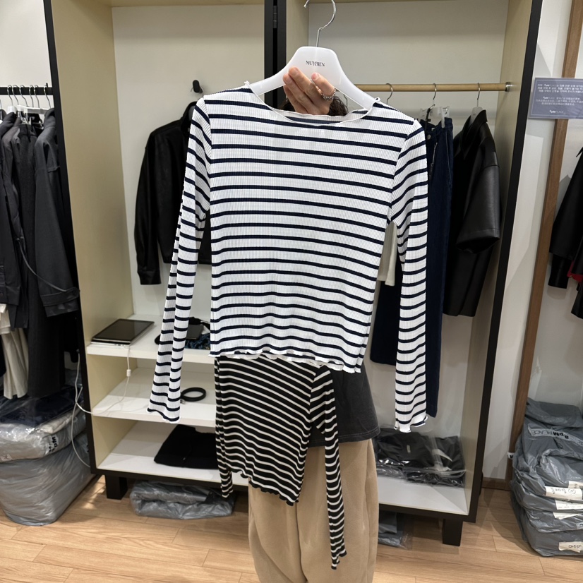 MUYBIEN韓國直郵女士新款熱賣休閑推薦26春夏長袖T恤褶裥條紋MUYBIEN長袖T恤圖色1