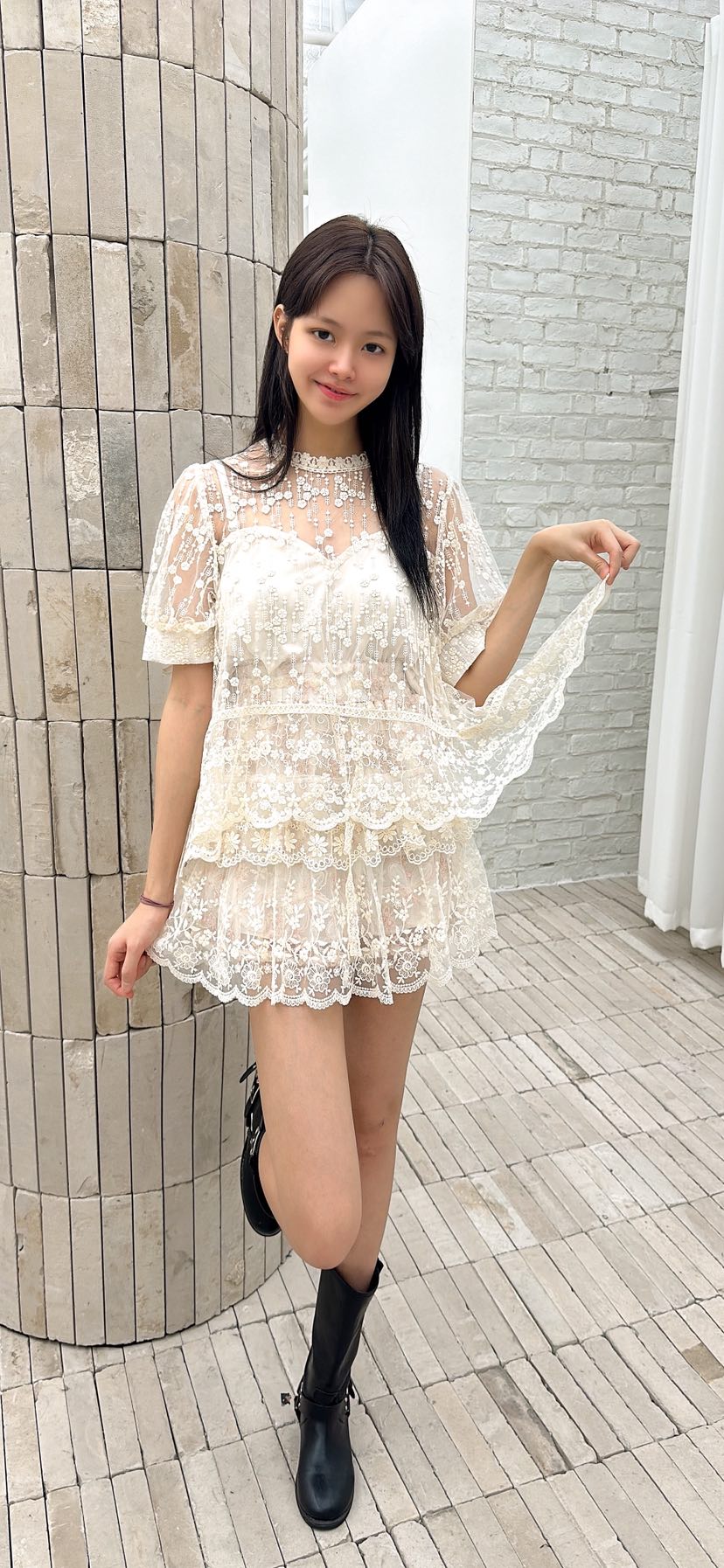 YARD韓國東大門直郵女裝新款時尚襯衫蕾絲衫不對稱羊毛刺繡YARD襯衫/蕾絲衫