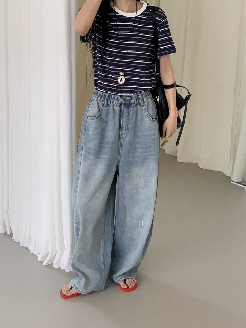 RIVER RAIN韓國直郵實拍女裝新品休閑熱賣26春夏牛仔褲條紋RIVER RAIN牛仔褲