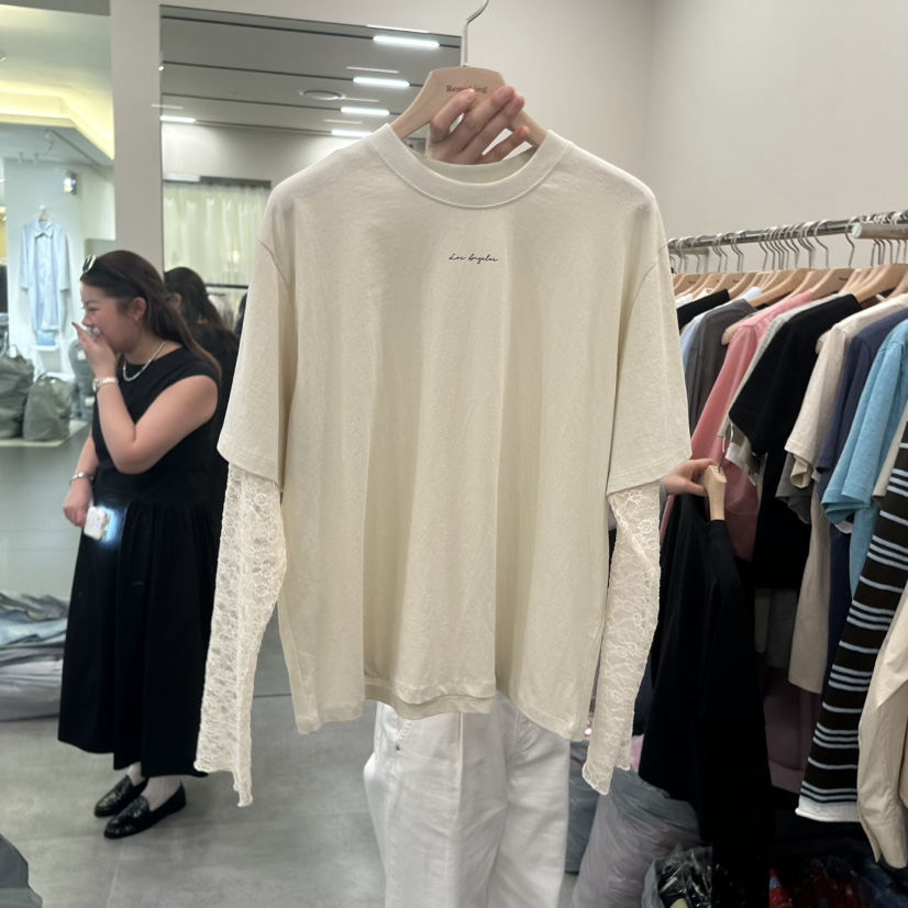 URBANSTORY/REMAKING韓國東大門直郵女裝新品推薦長袖T恤假兩件蕾絲Remaking/URBANSTORY長袖T恤圖色1