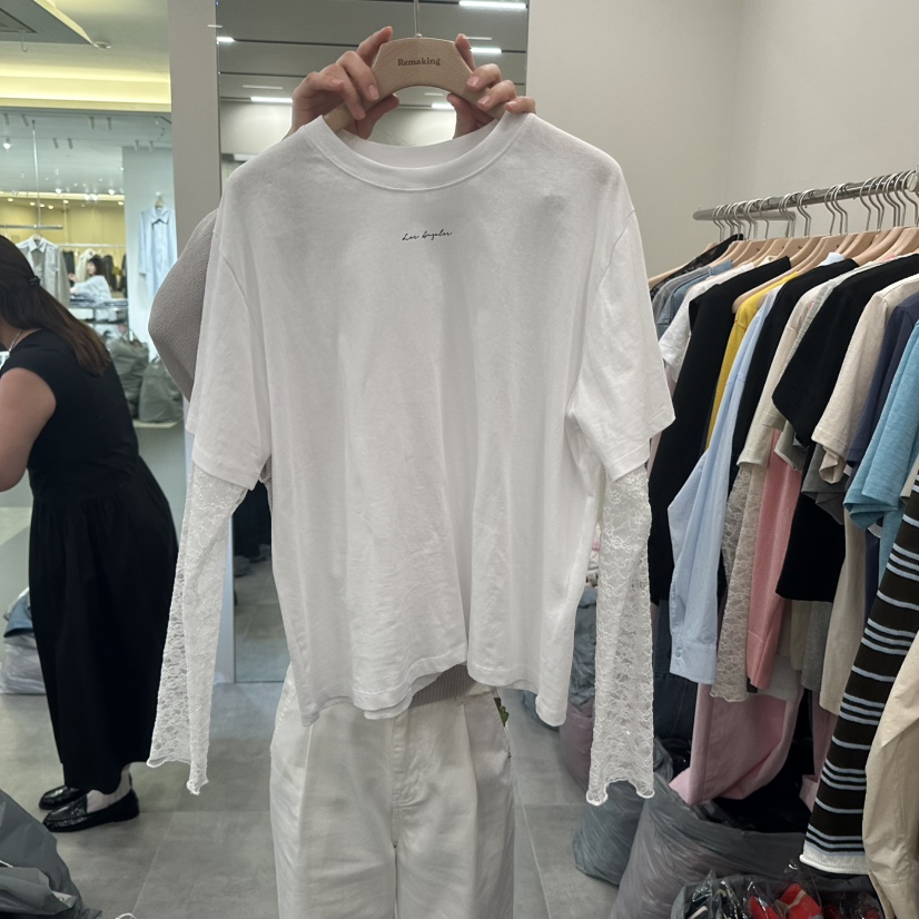 URBANSTORY/REMAKING韓國東大門直郵女裝新品推薦長袖T恤假兩件蕾絲Remaking/URBANSTORY長袖T恤圖色3