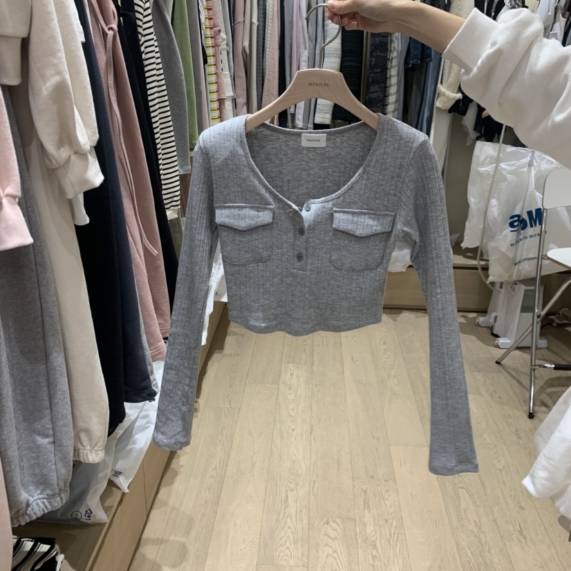MEMOIRE韓國東大門代購女裝新款推薦26春夏長袖T恤口袋紐扣MEMOIRE長袖T恤圖色2
