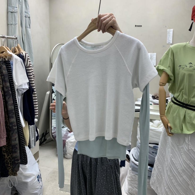 BREEZE韓國代購女裝新款推薦休閑26春夏時尚T恤插肩袖華夫格BREEZET恤圖色2