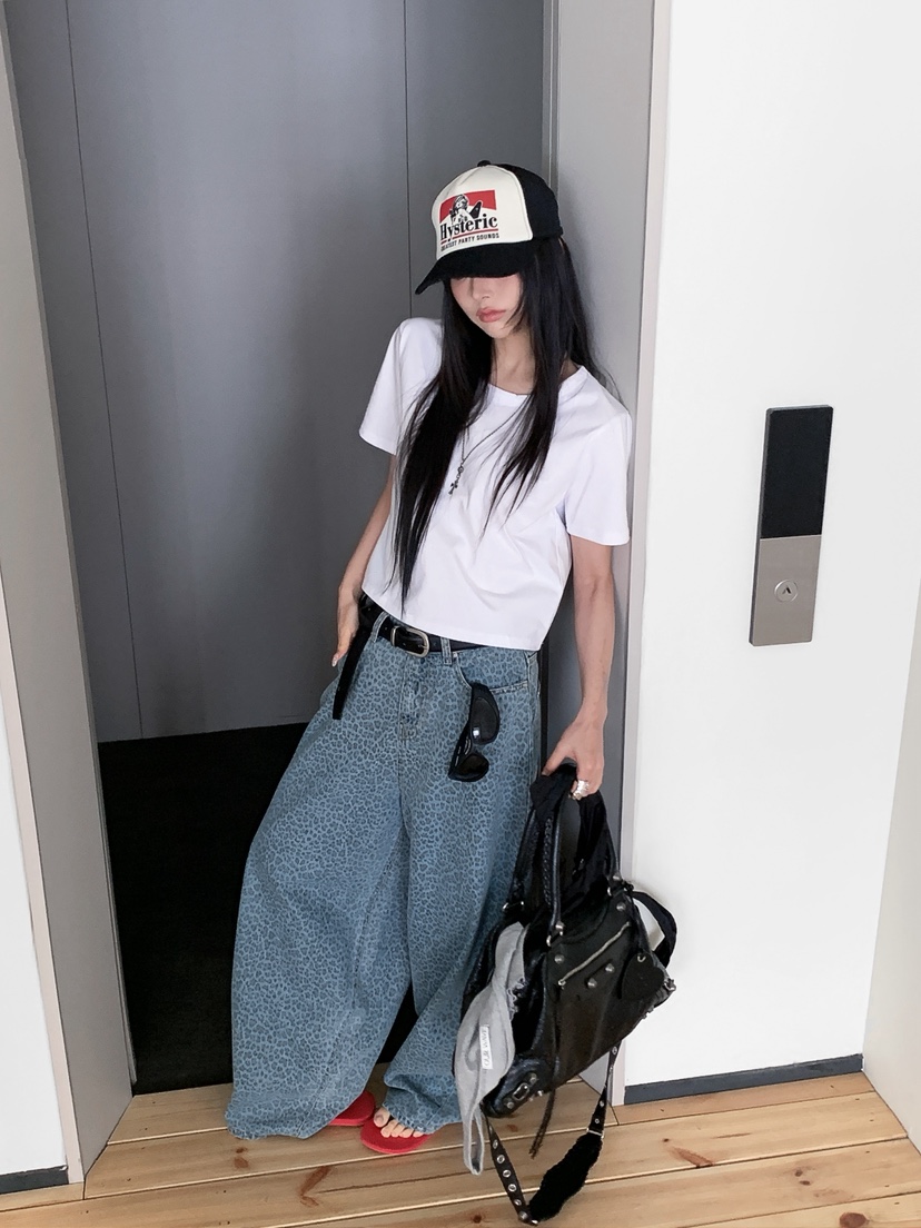 OURWAVE/OUR ROOM韓國直郵實拍女裝新品休閑牛仔褲豹紋Our Wave/Our Room牛仔褲