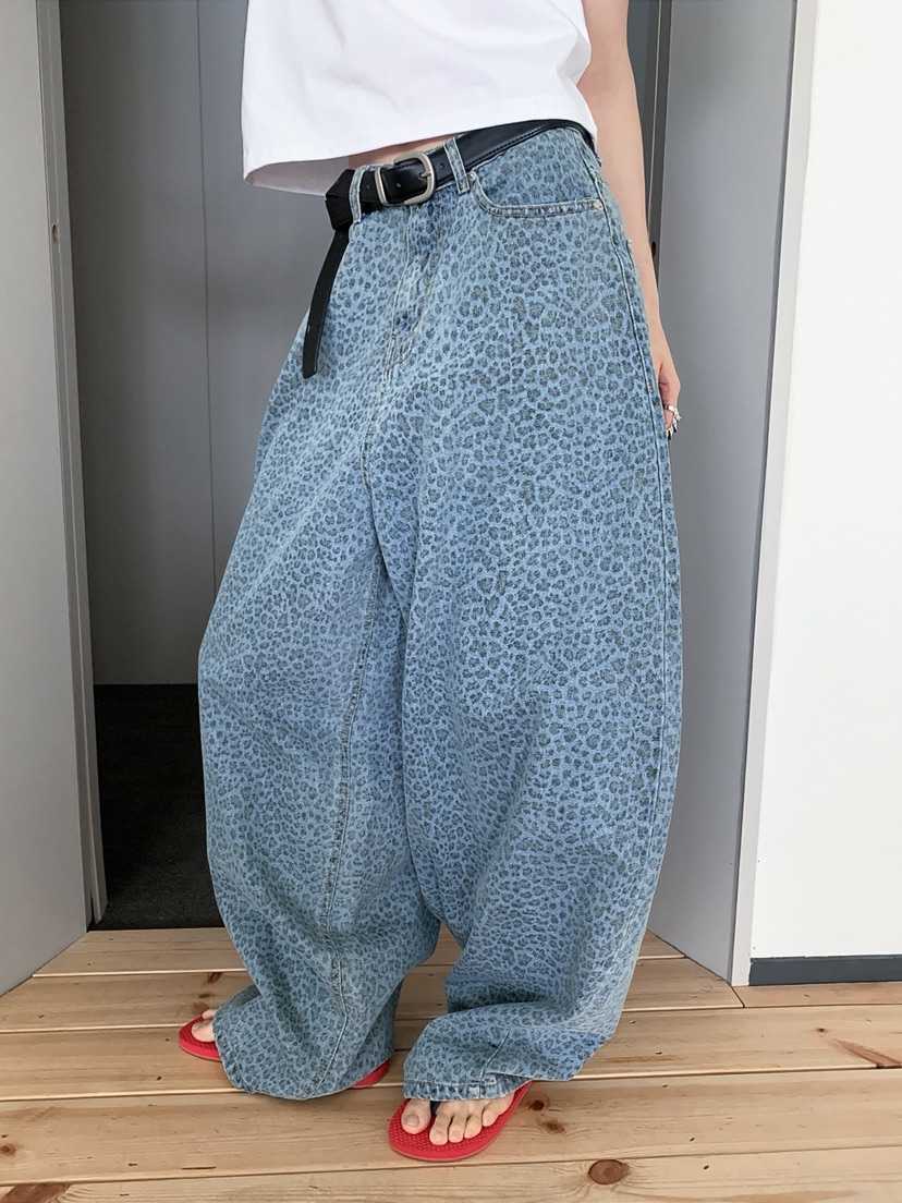 OURWAVE/OUR ROOM韓國直郵實拍女裝新品休閑牛仔褲豹紋Our Wave/Our Room牛仔褲