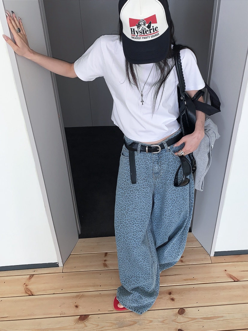 OURWAVE/OUR ROOM韓國直郵實拍女裝新品休閑牛仔褲豹紋Our Wave/Our Room牛仔褲