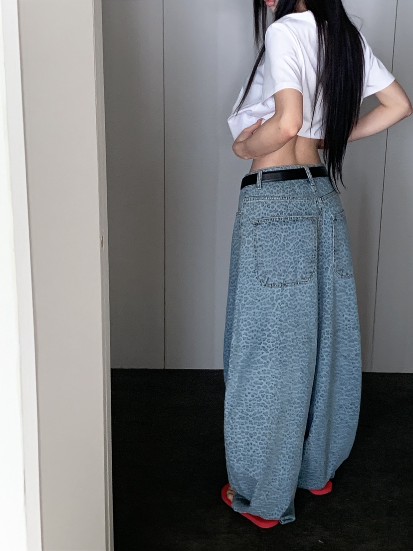 OURWAVE/OUR ROOM韓國直郵實拍女裝新品休閑牛仔褲豹紋Our Wave/Our Room牛仔褲