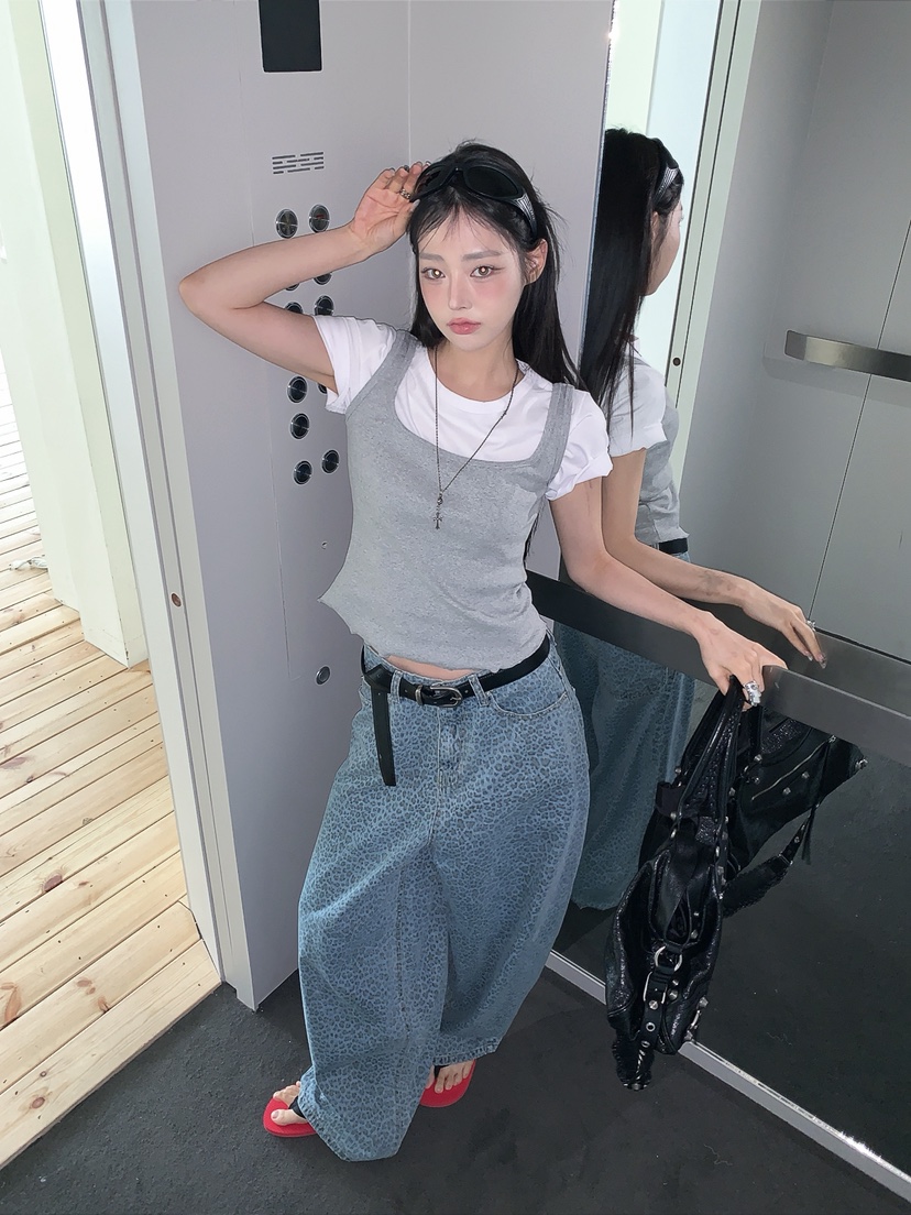 OURWAVE/OUR ROOM韓國直郵實拍女裝新品休閑牛仔褲豹紋Our Wave/Our Room牛仔褲