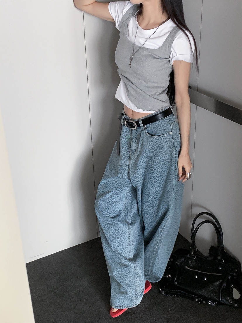 OURWAVE/OUR ROOM韓國直郵實拍女裝新品休閑牛仔褲豹紋Our Wave/Our Room牛仔褲