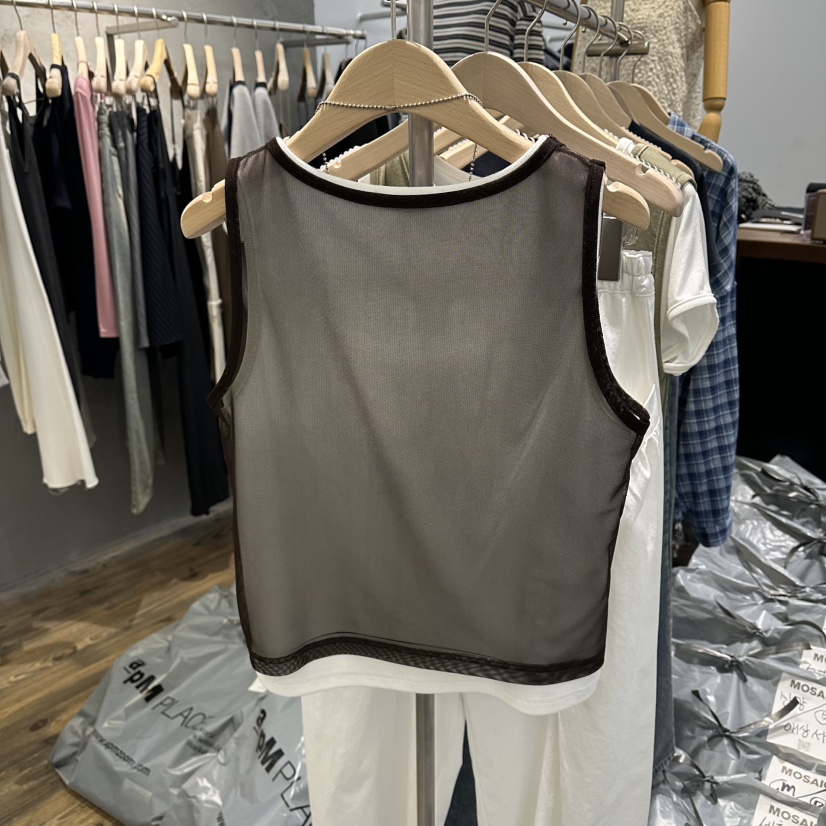 MOSAIC韓國東大門代購女裝新品休閑吊帶背心不含飾品假兩件網眼MOSAIC吊帶/背心