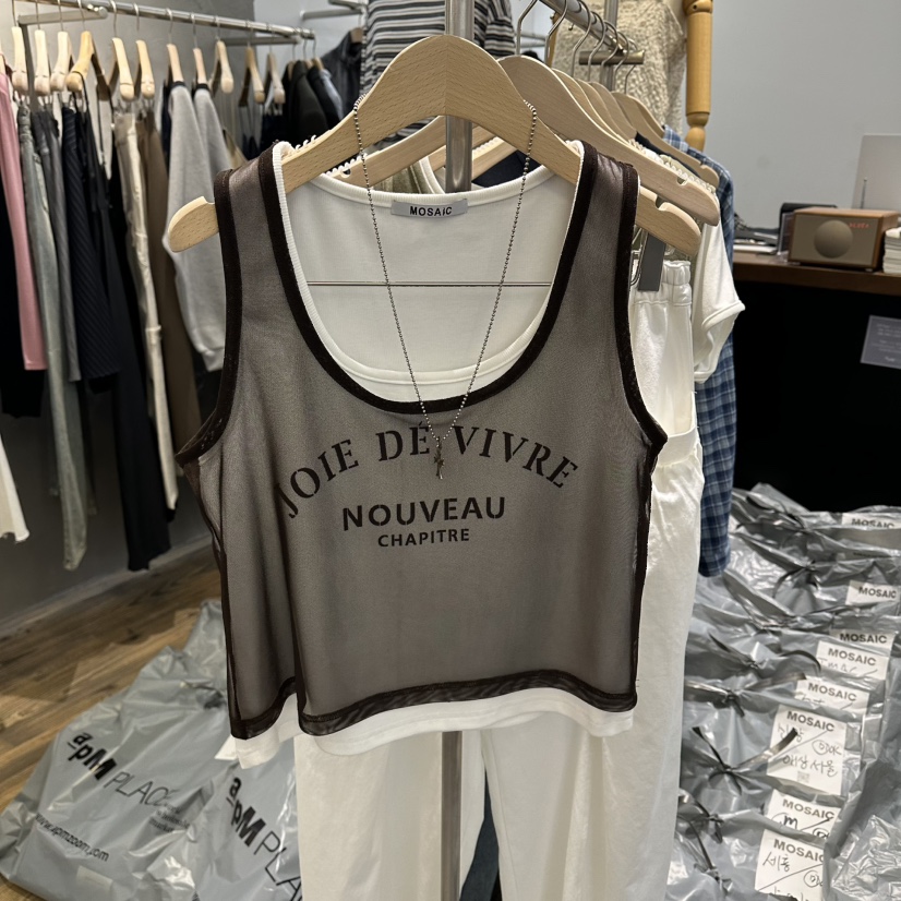 MOSAIC韓國東大門代購女裝新品休閑吊帶背心不含飾品假兩件網眼MOSAIC吊帶/背心圖色2