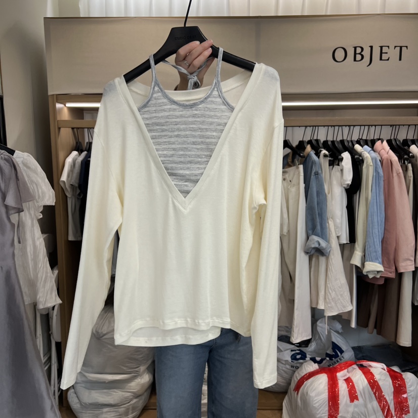 OBJET/LOVEUSU韓國代購女裝新品職業休閑推薦長袖T恤假兩件OBJET/LOVEUSU長袖T恤圖色1