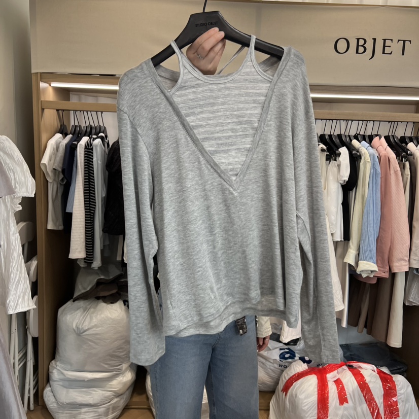 OBJET/LOVEUSU韓國代購女裝新品職業休閑推薦長袖T恤假兩件OBJET/LOVEUSU長袖T恤圖色2