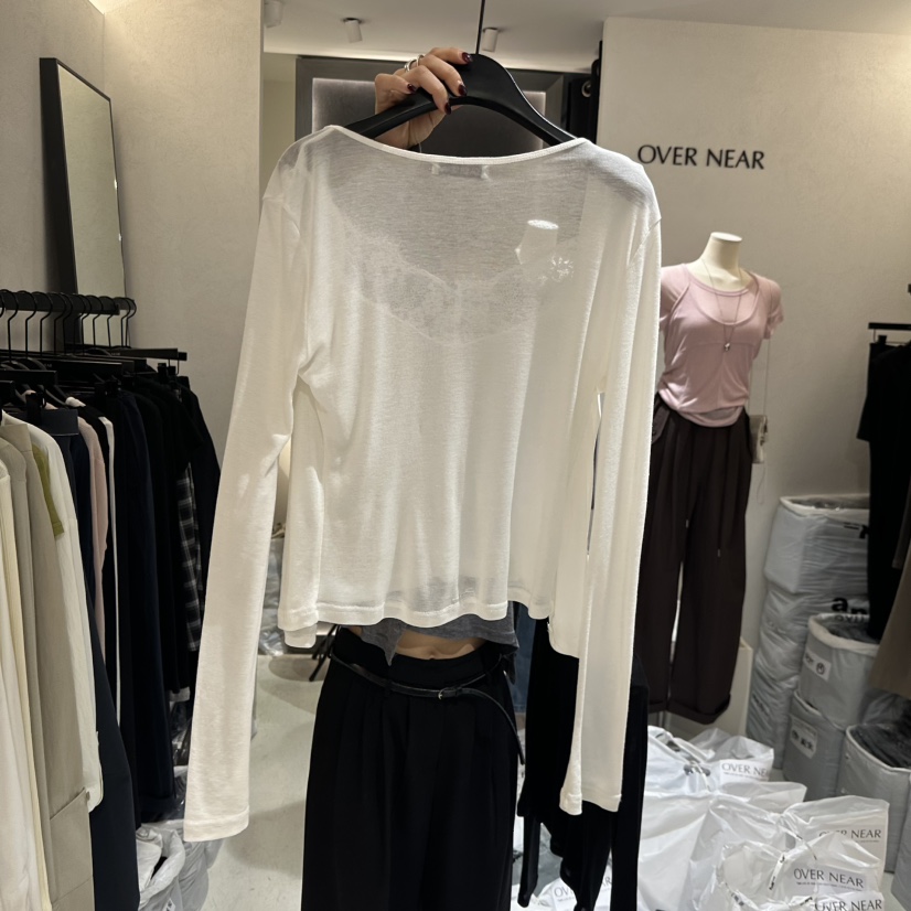 OVER NEAR韓國代購女士新品推薦職業休閑26春夏長袖T恤假兩件OVER NEAR長袖T恤