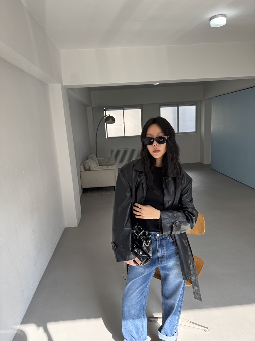 LIMLIMLIM韓國直郵實拍女士新品熱賣休閑時尚皮衣含腰帶皮革LIM LIM LIM皮衣