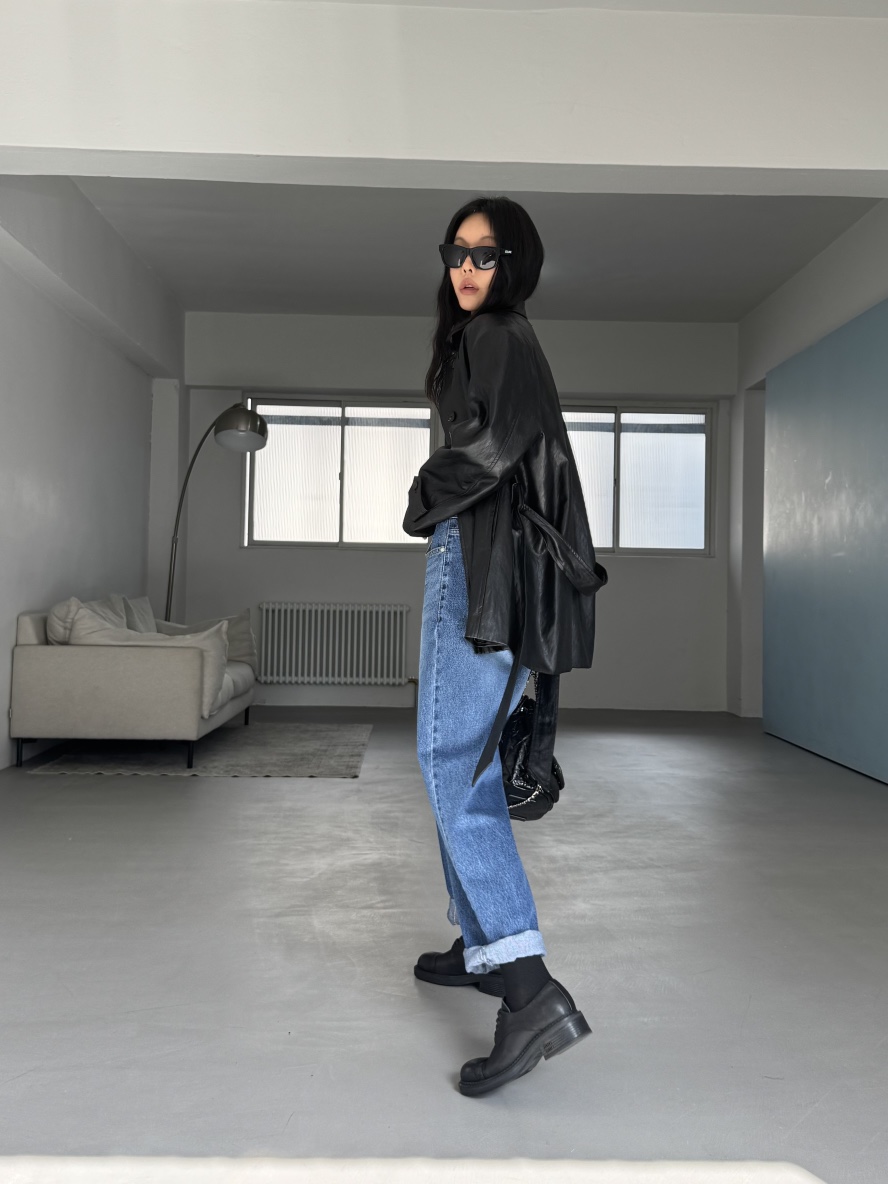 LIMLIMLIM韓國直郵實拍女士新品熱賣休閑時尚皮衣含腰帶皮革LIM LIM LIM皮衣