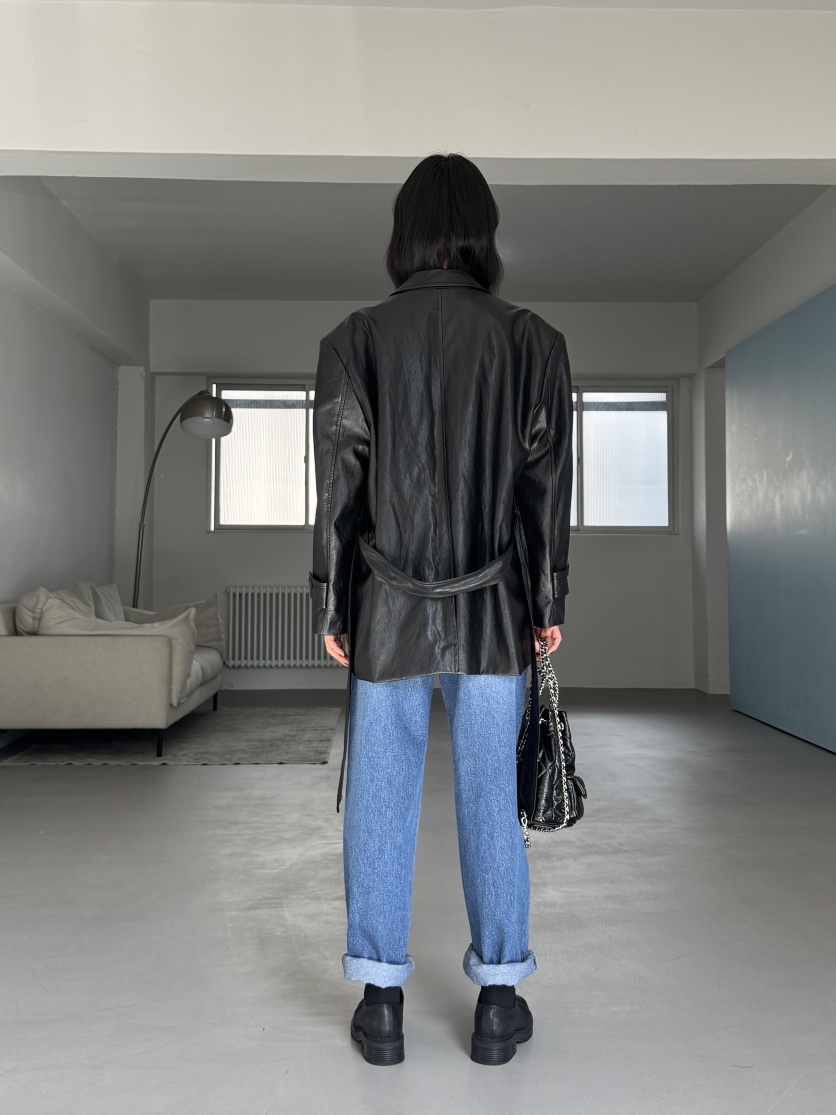 LIMLIMLIM韓國直郵實拍女士新品熱賣休閑時尚皮衣含腰帶皮革LIM LIM LIM皮衣