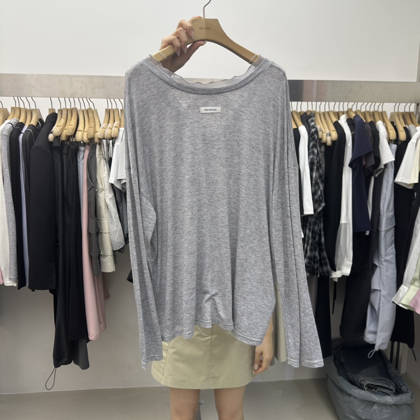 SPECIAL韓國直郵實拍女士新款職業人氣時尚熱賣長袖T恤雪紡SPECIAL長袖T恤圖色1灰白色