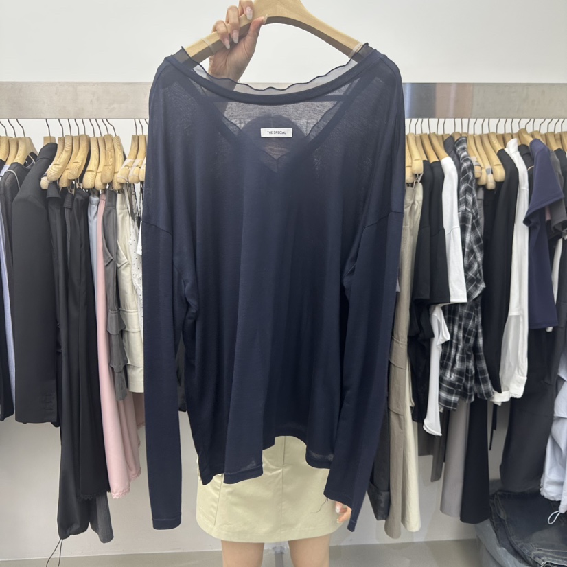 SPECIAL韓國直郵實拍女士新款職業人氣時尚熱賣長袖T恤雪紡SPECIAL長袖T恤圖色6深藍色