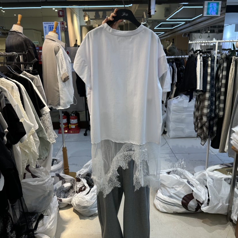 空韓國直郵女裝新品熱賣人氣時尚休閑26春夏職業推薦T恤蕾絲空T恤