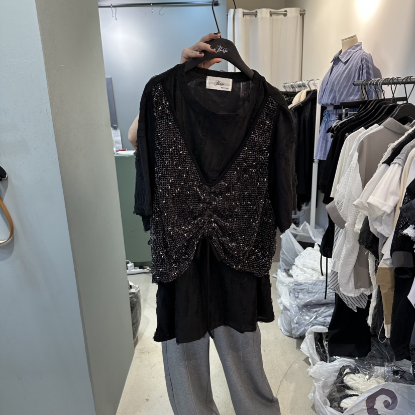 空韓國直郵女裝新款時尚熱賣推薦職業休閑人氣26春夏T恤假兩件空T恤圖色3黑色