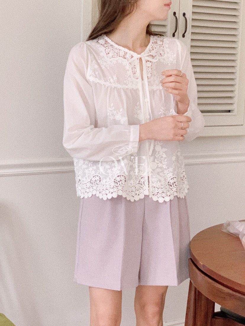 OVE韓國東大門代購女士新款休閑26春夏職業襯衫蕾絲衫刺繡OVE襯衫/蕾絲衫