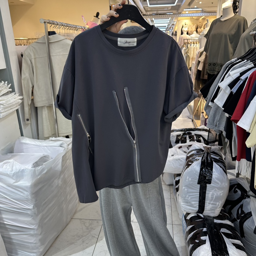 空韓國代購女士新款職業熱賣人氣推薦時尚26春夏休閑T恤拉鏈空T恤圖色3墨色