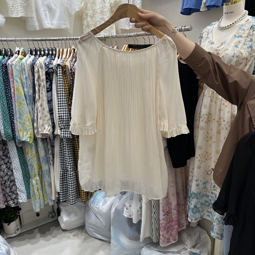 BIKINI韓國直郵女士新款職業熱賣休閑襯衫蕾絲衫雪紡褶皺BIKINI襯衫/蕾絲衫