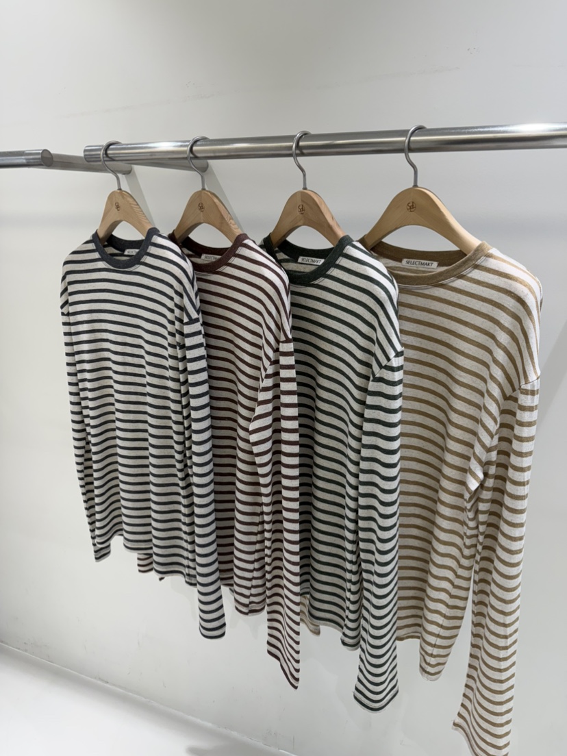 SELECT MARKET韓國直郵女裝新品人氣推薦長袖T恤亞麻條紋SELECT MARKET長袖T恤