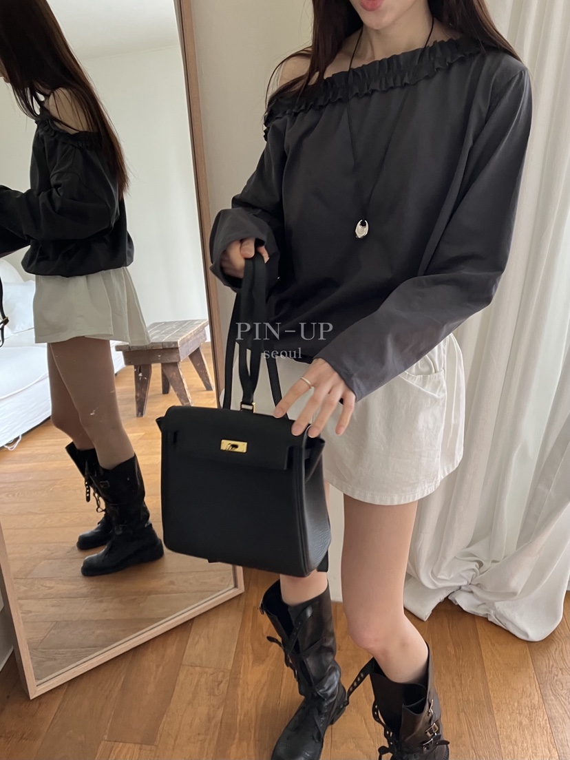 PIN-UP韓國代購女裝新款26春夏職業人氣推薦長袖T恤荷葉邊PIN-UP長袖T恤