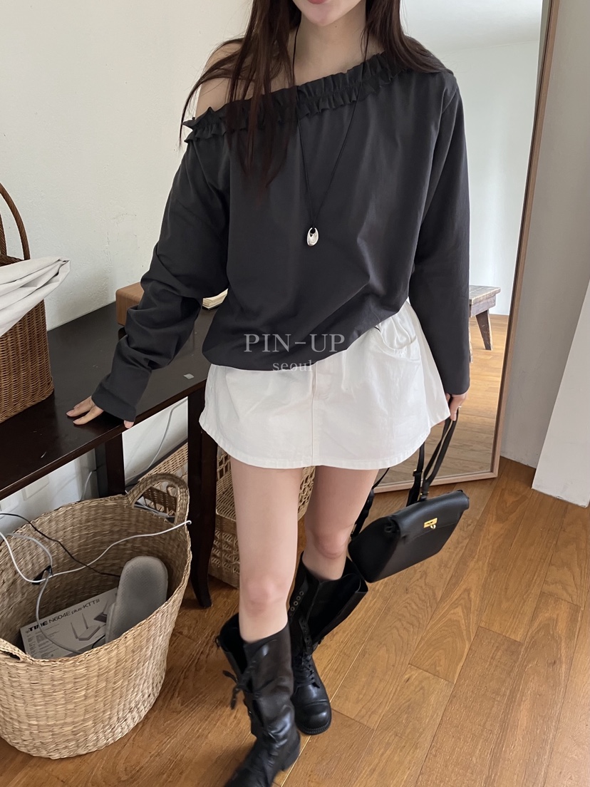 PIN-UP韓國代購女裝新款26春夏職業人氣推薦長袖T恤荷葉邊PIN-UP長袖T恤