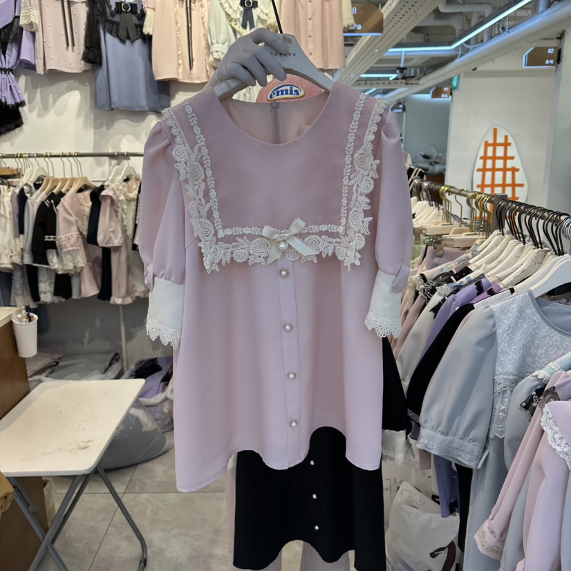 PAPA韓國東大門直郵女士新款26春夏休閑人氣時尚襯衫蕾絲衫PaPa/HALMADE襯衫/蕾絲衫圖色1