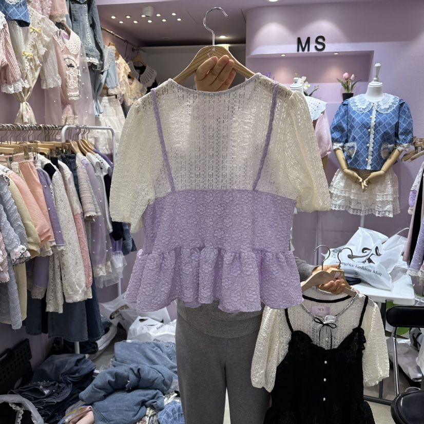 MS韓國直郵實拍女士新款熱賣推薦人氣休閑襯衫蕾絲衫假兩件MS襯衫/蕾絲衫