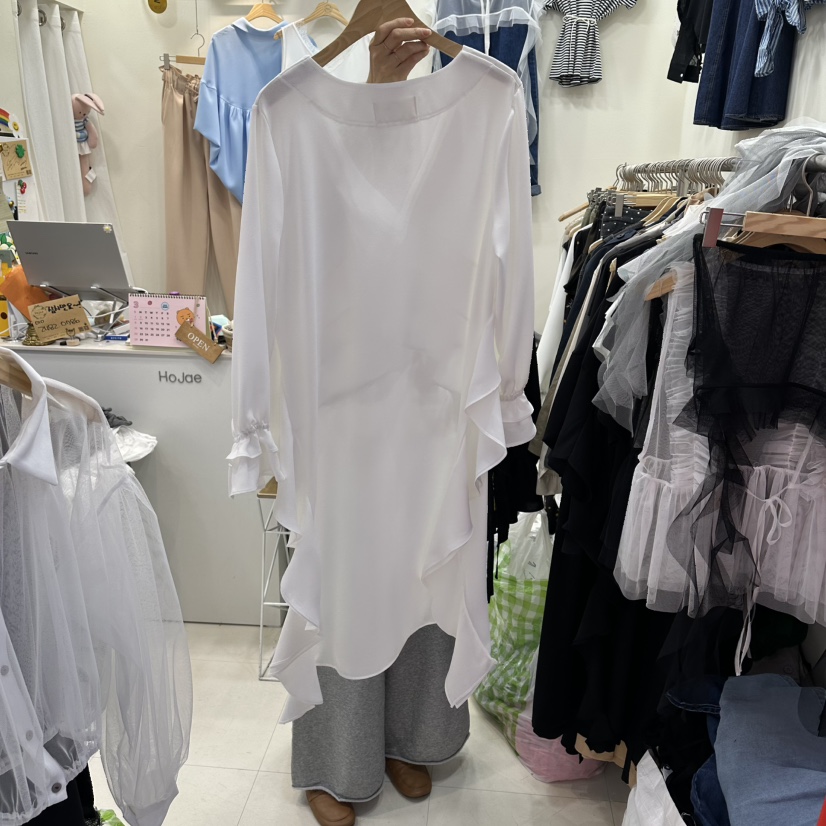 HOJAE韓國代購女裝新品熱賣人氣時尚長袖T恤不對稱荷葉邊MID-LEVEL JUMP長袖T恤