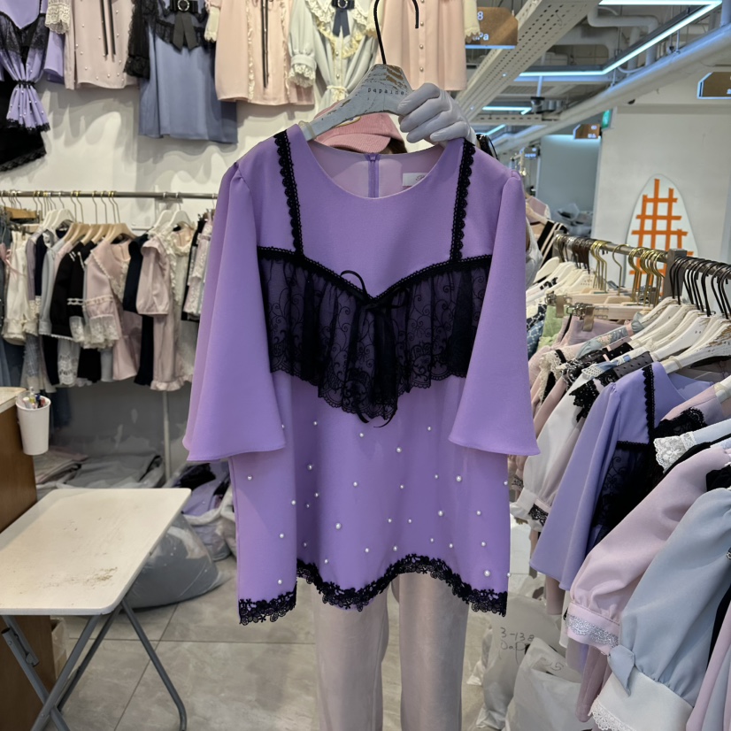 PAPA韓國東大門直郵女裝新品26春夏熱賣襯衫蕾絲衫假兩件PaPa/HALMADE襯衫/蕾絲衫圖色2