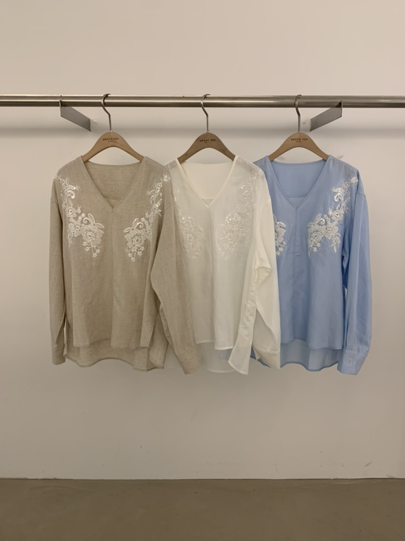 UNDER KEY韓國直郵女裝新品熱賣職業襯衫蕾絲衫刺繡亞麻UNDER KEY襯衫/蕾絲衫