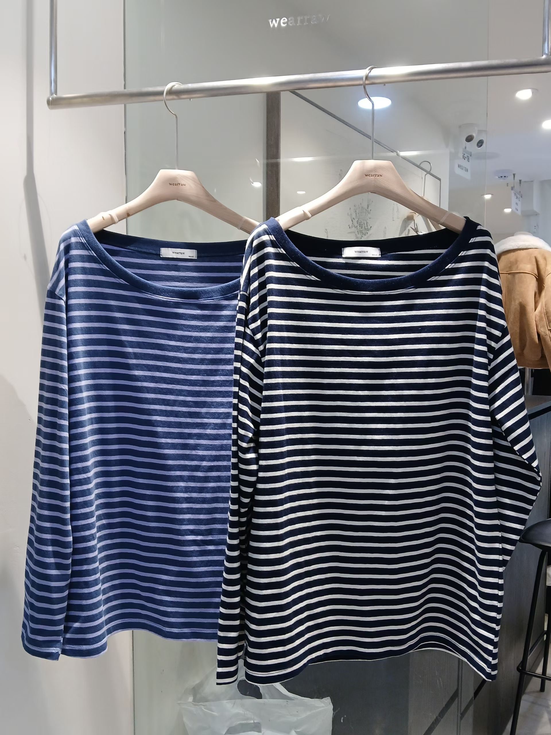 WEARRAW/WELL ROW韓國東大門直郵女裝新款26春夏長袖T恤不對稱寬松條紋WEARRAW/WELL ROW長袖T恤圖色1左一色