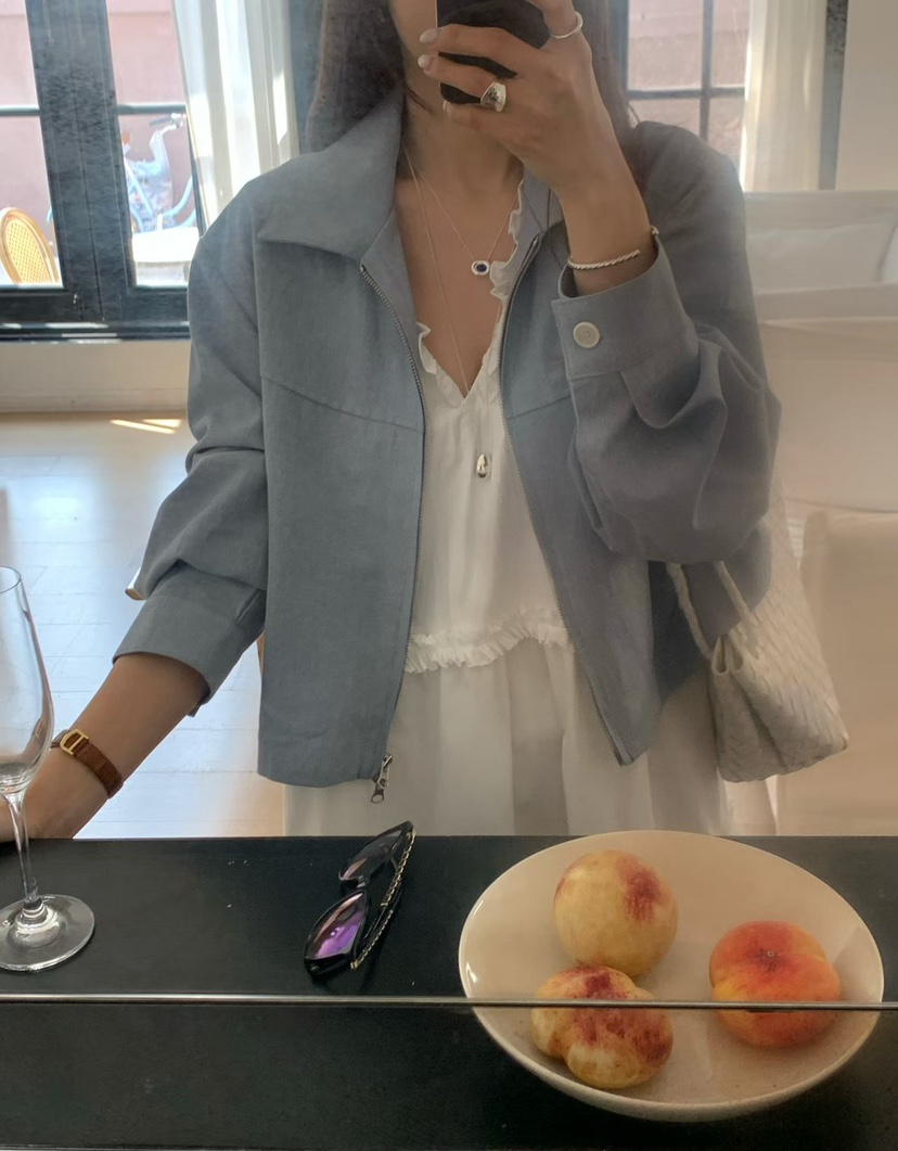 LA CREME韓國東大門代購女士新品人氣推薦職業夾克拉鏈亞麻LA CREME夾克