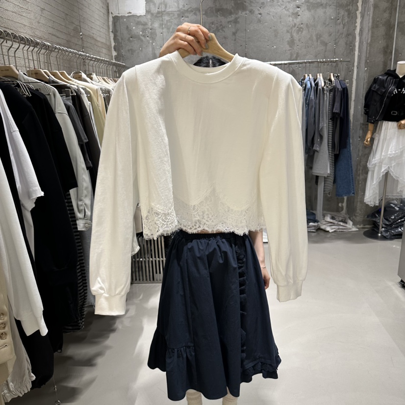 JUNI韓國直郵實拍女士新款人氣休閑推薦長袖T恤泡泡袖蕾絲my juni長袖T恤圖色2