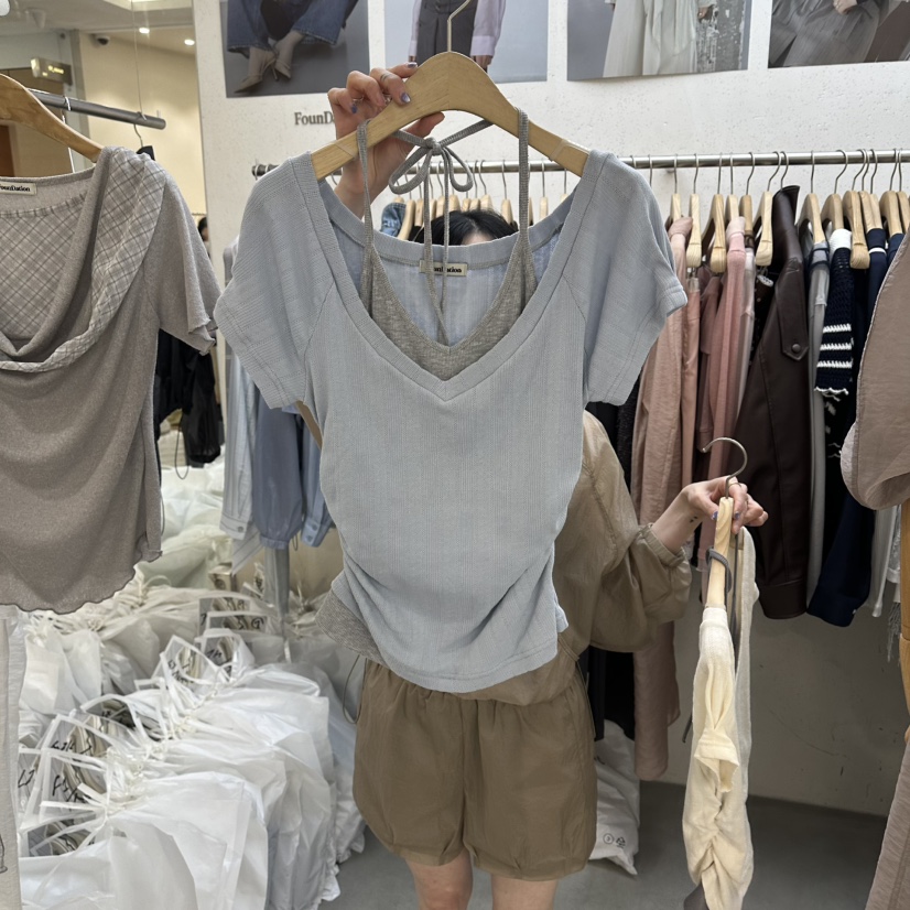 FOUNDATION韓國東大門代購女裝新款熱賣推薦休閑T恤假兩件FOUNDATIONT恤圖色1