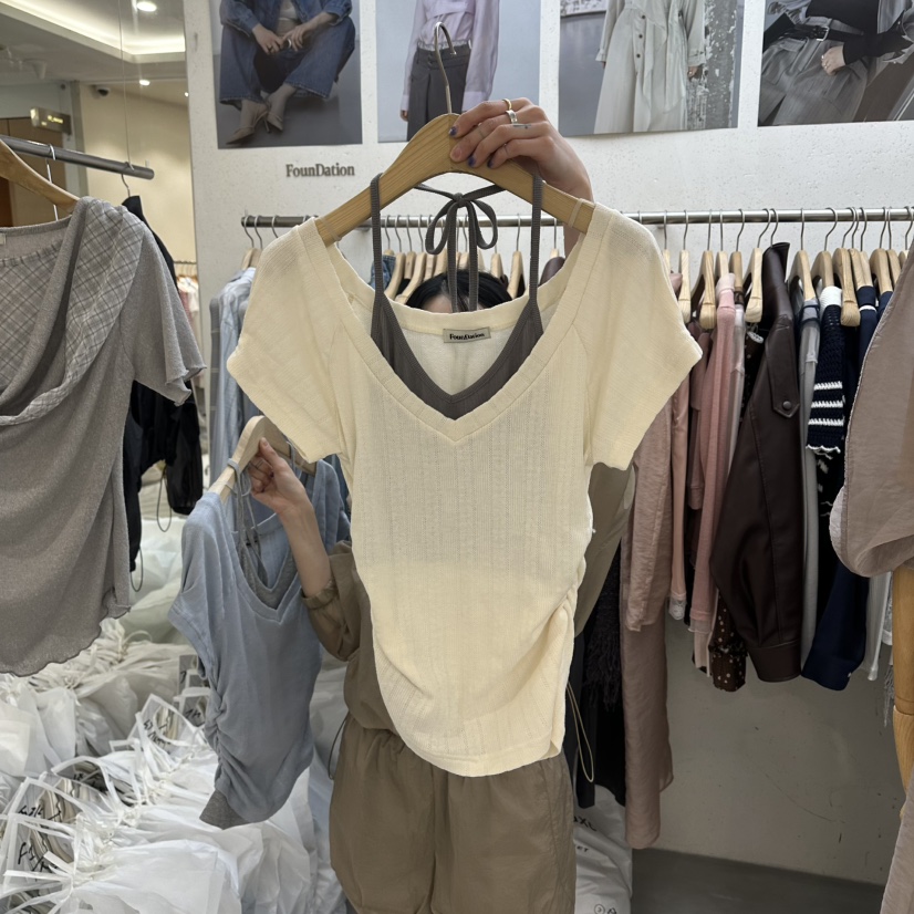 FOUNDATION韓國東大門代購女裝新款熱賣推薦休閑T恤假兩件FOUNDATIONT恤圖色2