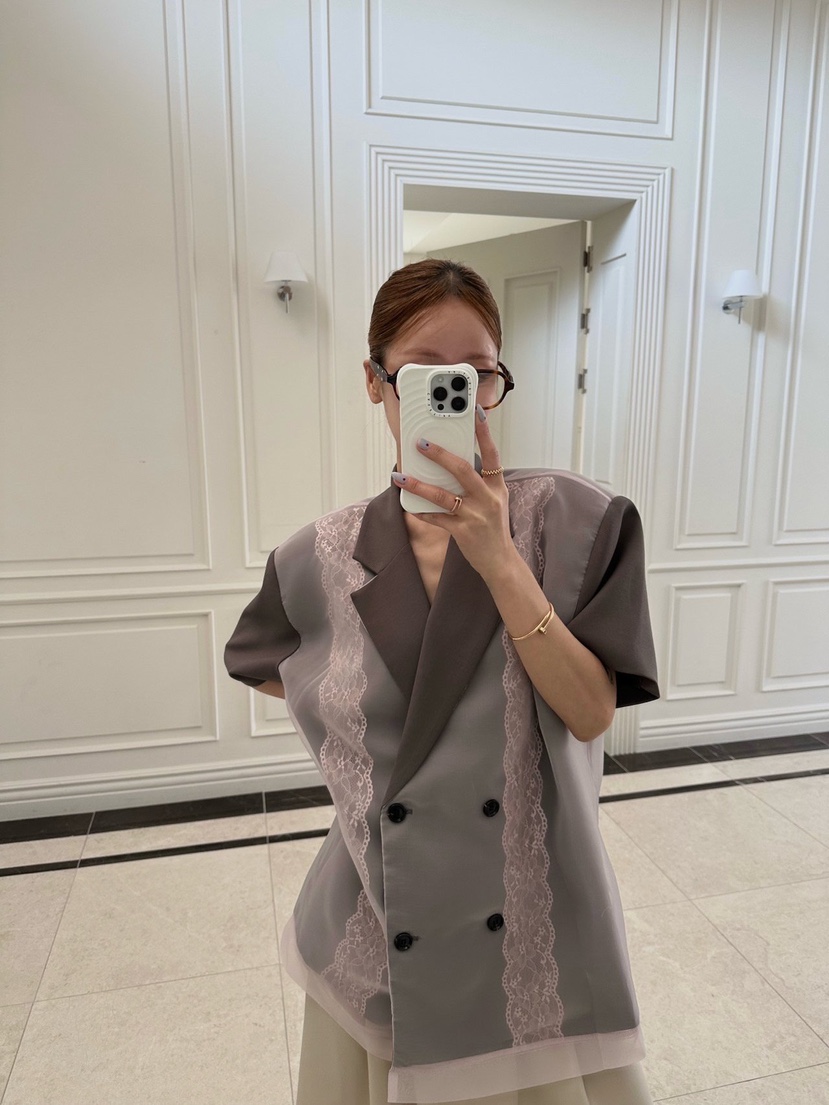 ZEROZERO韓國直郵實拍女士新品26春夏夾克歐根紗蕾絲寬松ZEROZERO夾克圖色1