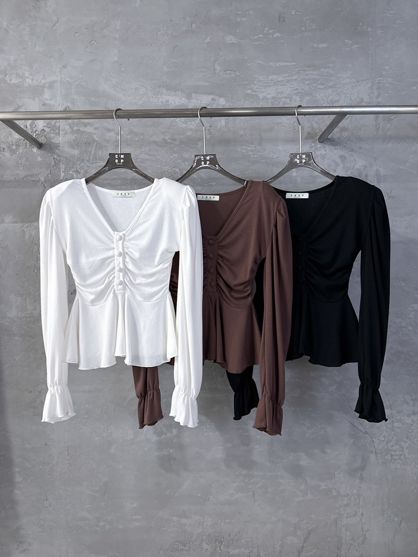 COME OPEN/HAPER韓國東大門直郵女裝新款休閑長袖T恤荷葉邊紐扣COME OPEN/HAPER長袖T恤