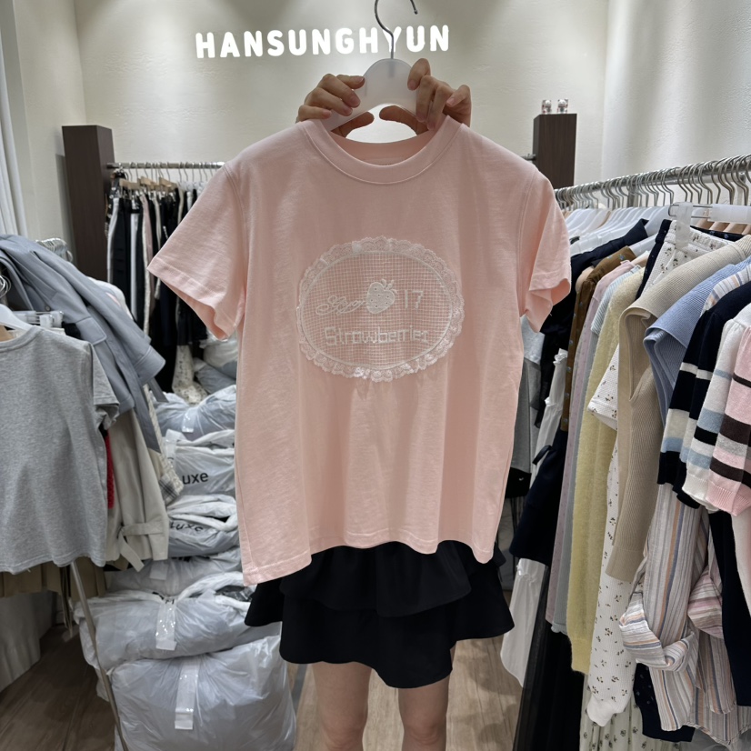 HANSUNGHYUN韓國直郵女裝新品人氣休閑時尚職業T恤蕾絲棉HANSUNGHYUNT恤圖色1