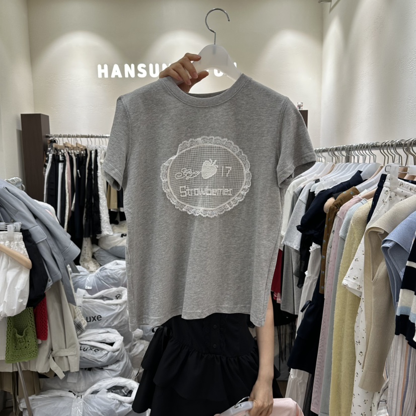 HANSUNGHYUN韓國直郵女裝新品人氣休閑時尚職業T恤蕾絲棉HANSUNGHYUNT恤圖色2