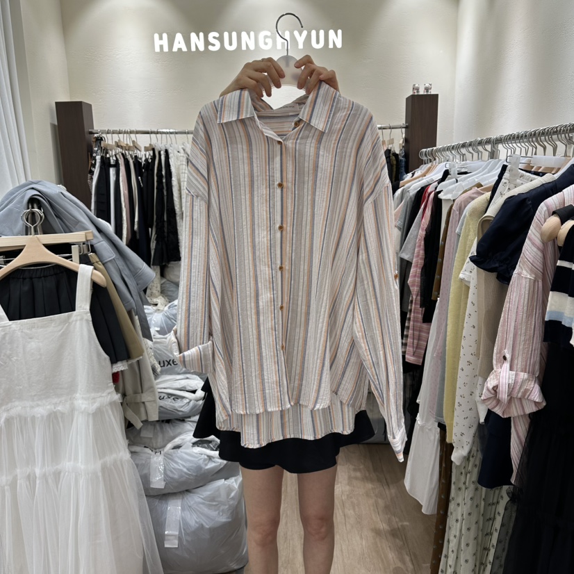 HANSUNGHYUN韓國直郵女士新品26春夏熱賣休閑襯衫蕾絲衫條紋HANSUNGHYUN襯衫/蕾絲衫圖色1